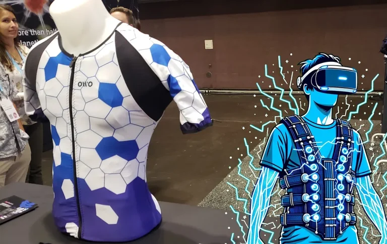 Haptic suit with hexagonal pattern for VR experiences at VR Guru.